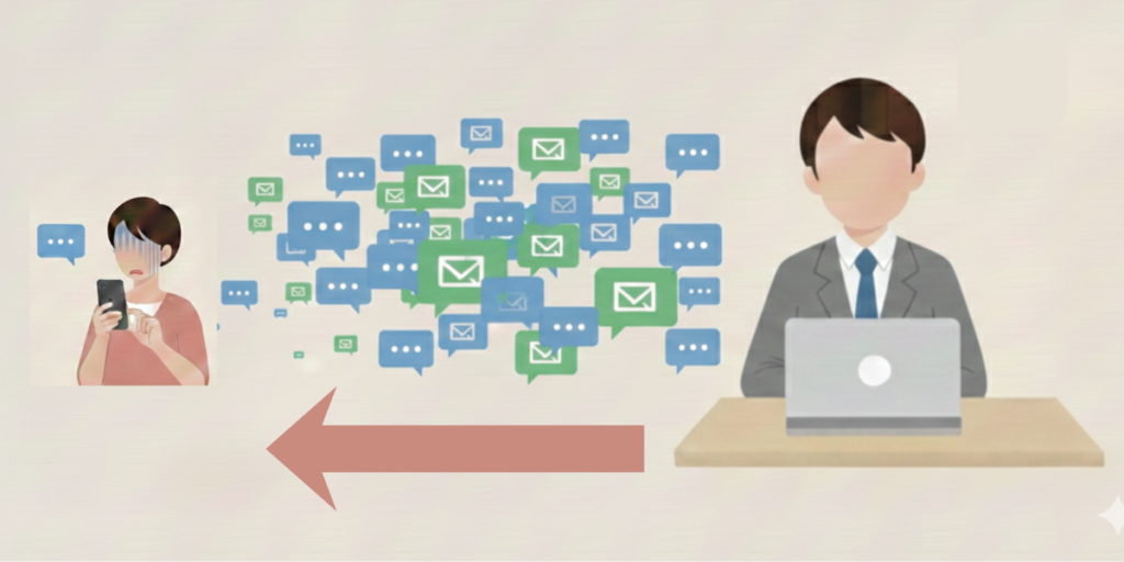 エージェントと薬剤師が活発にメールやチャットで連絡を取り合うイラスト。信頼関係の握手アイコン付き。