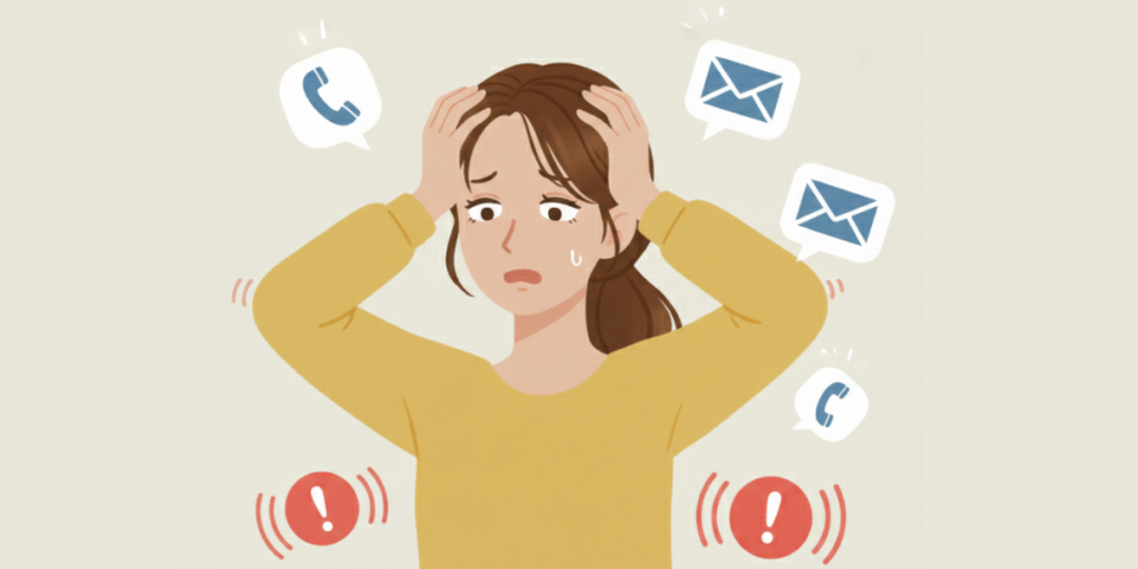 大量の着信やメールのアイコンに囲まれ、頭を抱えて困り果てている女性のイラスト。転職エージェントからの過剰な連絡によるストレスを表現。