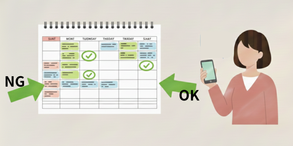カレンダーを確認しながら自分のスケジュールを管理する薬剤師のイラスト。無理な日程にはNGを出し、都合を調整する様子