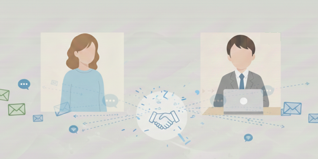 エージェントと薬剤師が複数のメッセージでやり取りしているイラスト。中央に協力関係を示す握手のアイコン。