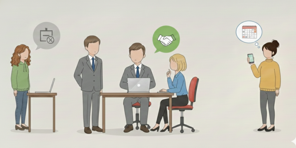 薬剤師とエージェントの多様な距離感を表現したイラスト。対面相談、スマホ連絡、適度な距離を保つなど、人それぞれの付き合い方。