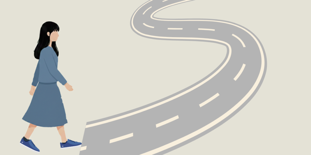 転職活動の道のりを主体的に進む女性のイメージイラスト