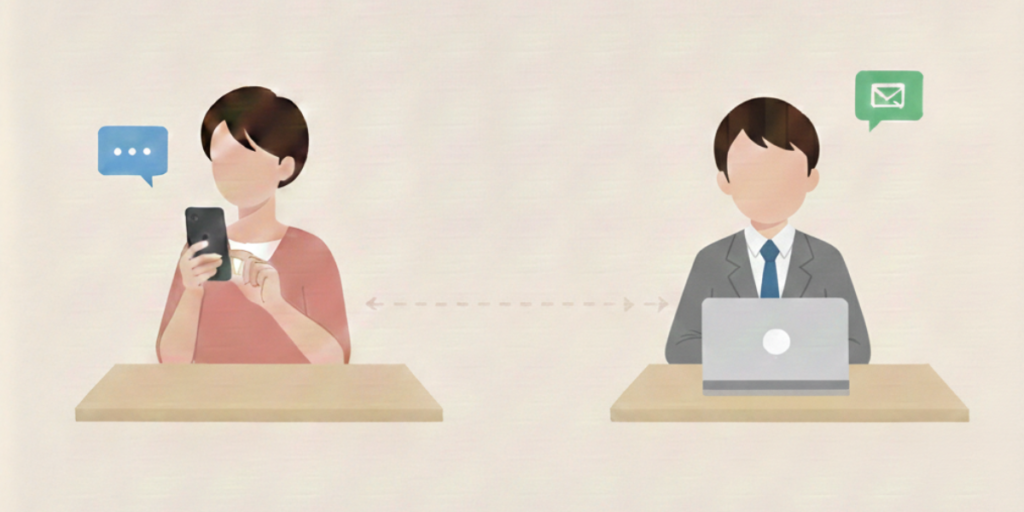 スマホで連絡をとる女性と、パソコンで対応するスーツ姿のエージェントのイラスト