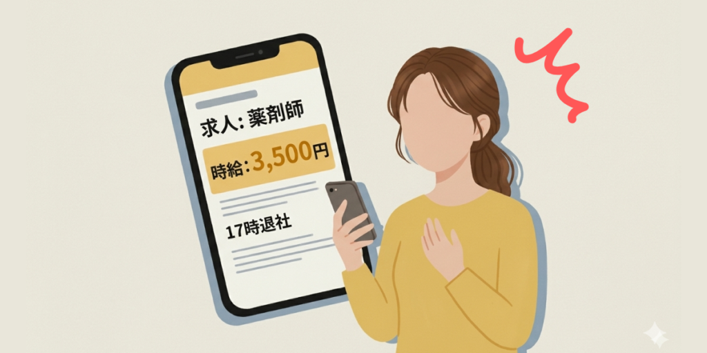 スマートフォンで好条件の薬剤師求人(時給3500円、17時退社)を見て驚いている女性薬剤師のイラスト。驚きを表す赤い記号が描かれた、ブログ「薬剤師が自分の価値を考えるブログ」のアイキャッチ。