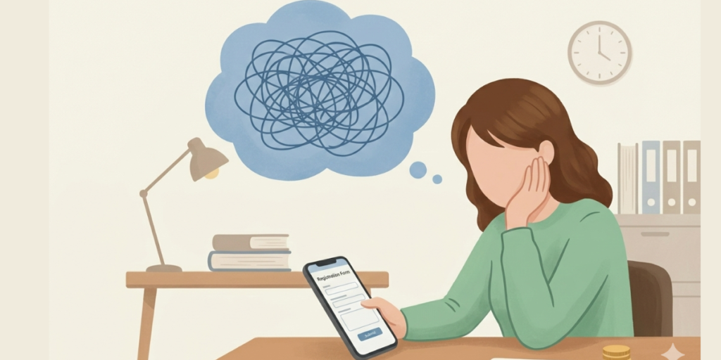 転職サイトを前にして、頭の中がモヤモヤ（悩み）でいっぱいになり考え込む女性薬剤師のイラスト