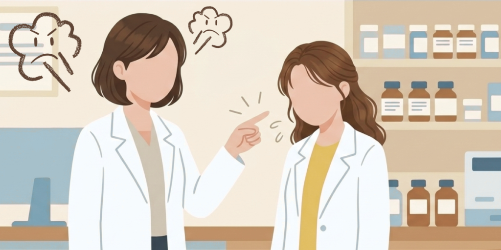 厳しい表情で叱責する薬剤師と、ショックを受ける女性薬剤師のイラスト。職場での否定的な言葉や人間関係の悩み。