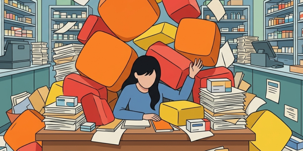 大量の仕事や書類の山に押しつぶされそうになりながら、デスクで助けを求めるように手を挙げる女性薬剤師のイラスト