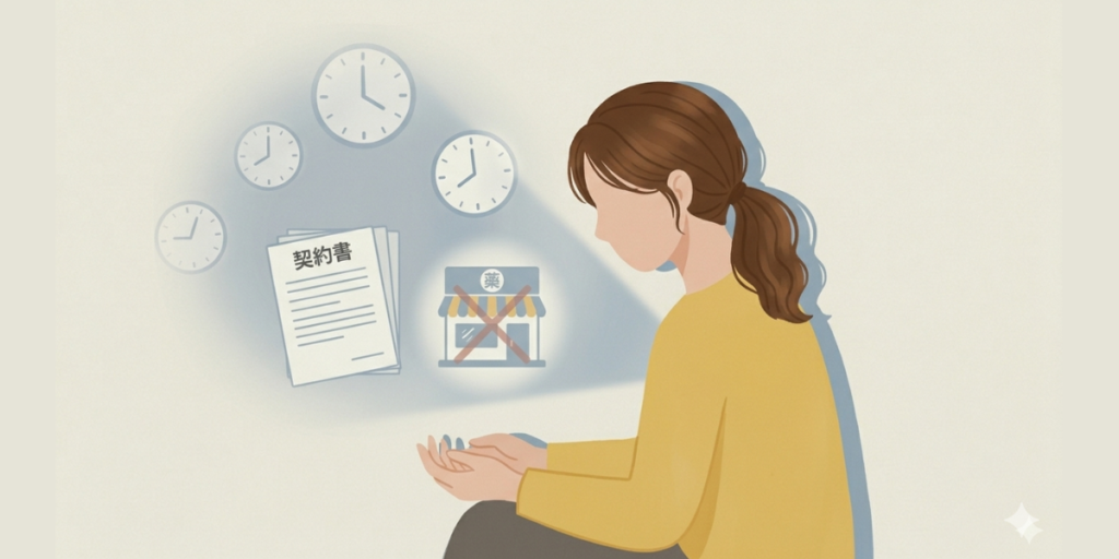 複数の時計と契約書、バツ印のついた薬局を前に、うなだれる女性薬剤師のイラスト。時間が止まったような停滞感と、今の職場から動けない焦燥感を表現。