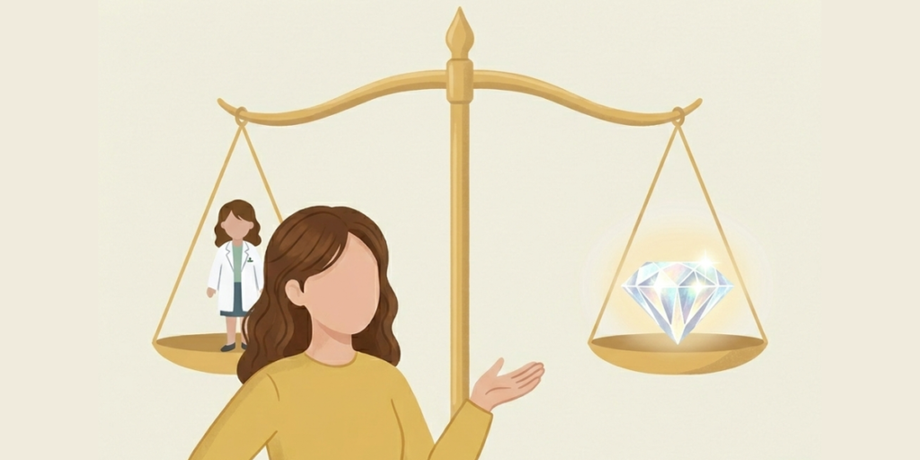 大きな天秤を背景に、自分自身と輝く宝石（市場価値）を比較して見つめる女性薬剤師のイラスト