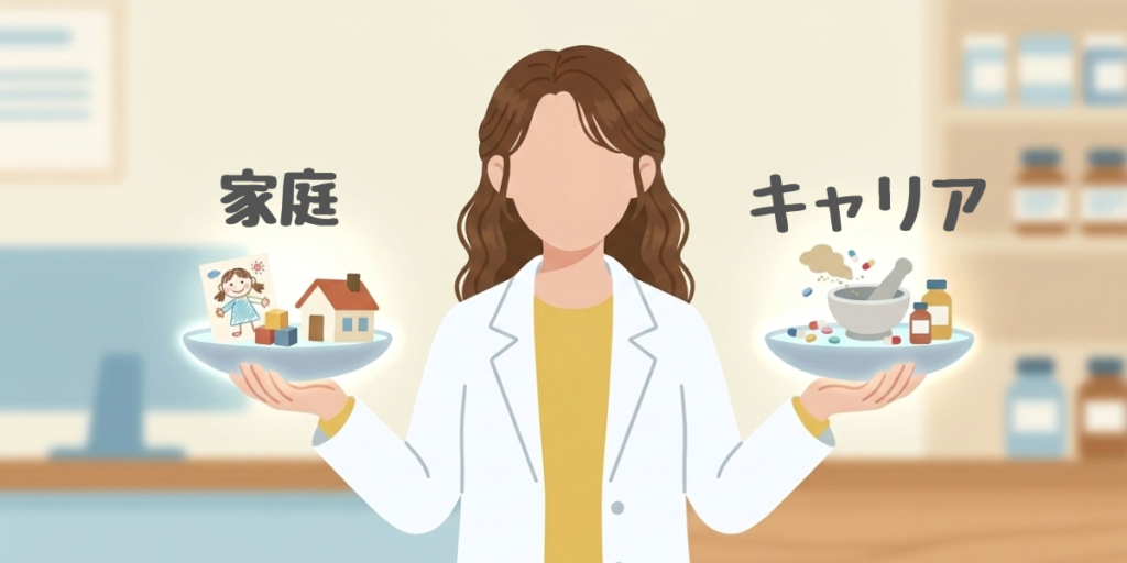 両手に「家庭」と「キャリア」の天秤を持つ女性薬剤師のイラスト。育児と仕事の両立と自己研鑽をイメージ。