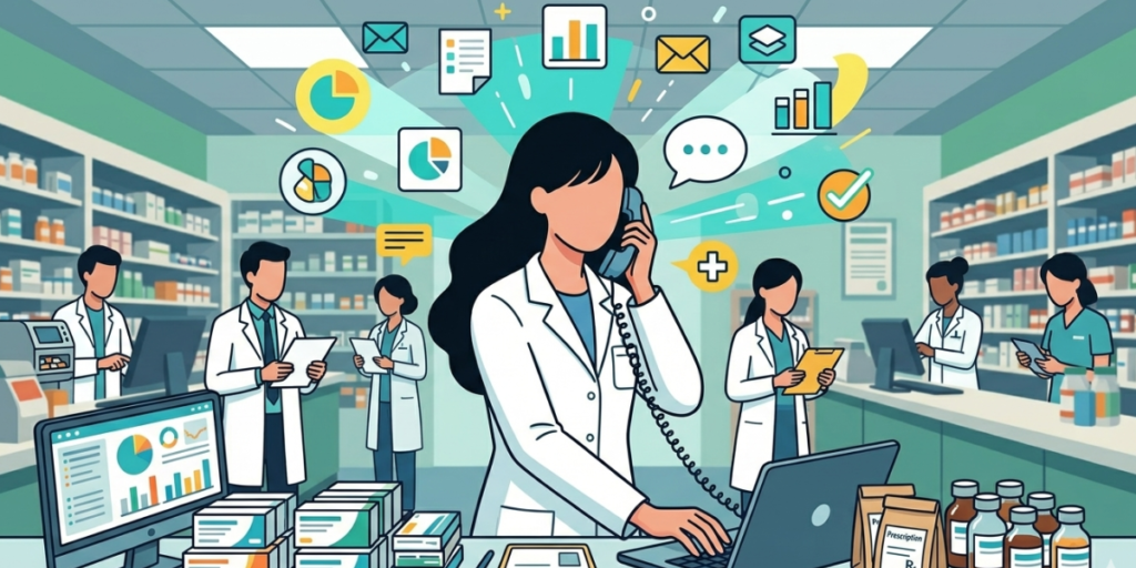 調剤室で電話対応やPC入力を同時にこなし、周囲のスタッフからも頼りにされている白衣姿の女性薬剤師のイラスト。