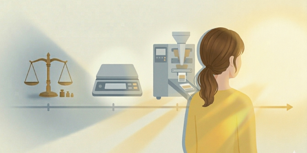 薬剤師の道具(上皿天秤、電子天秤、全自動分包機)がタイムライン上に並び、それを見つめる女性薬剤師の後ろ姿。技術の進化と共に、市場価値の基準も変わっていくことを表現。