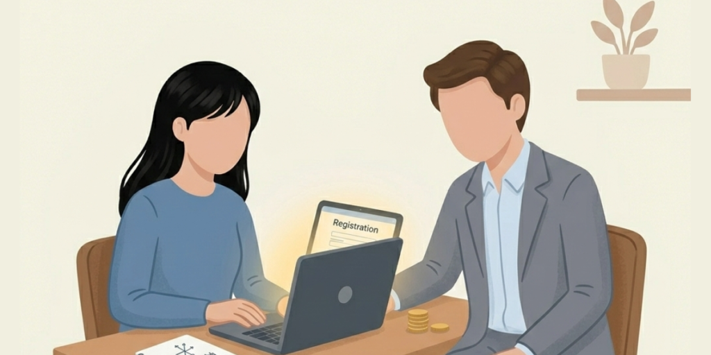 PCで転職サイトへの登録を決意する女性薬剤師と、その隣で静かに見守り支えるエージェントのイラスト