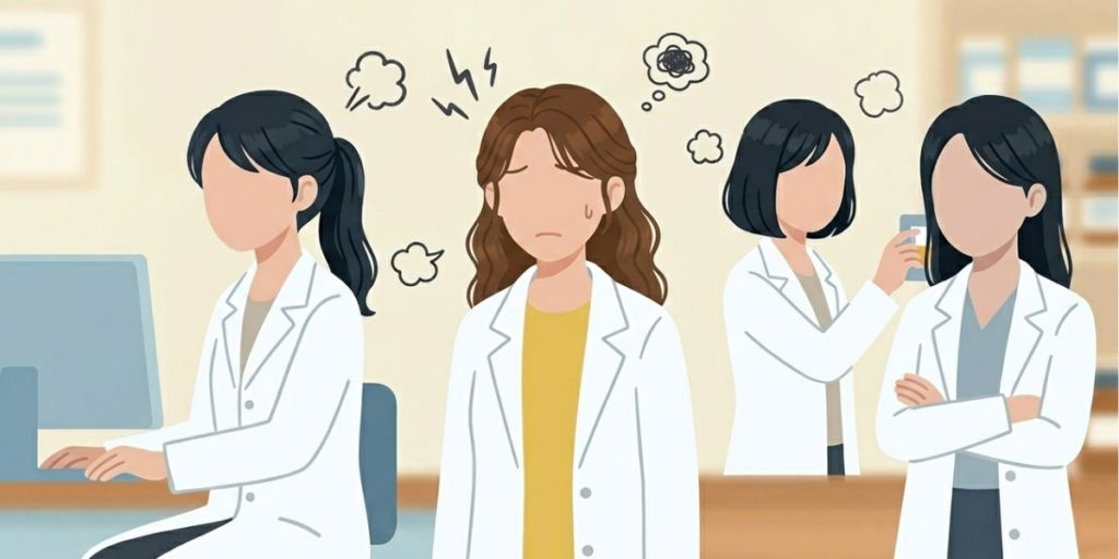 調剤室でチームワークが崩れ、バラバラな方向を向く薬剤師たちのイラスト。離職率の高い職場のイメージ。