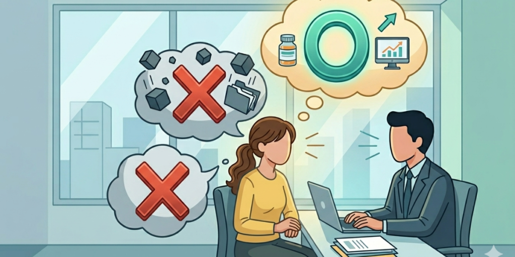 転職エージェントと面談し、ネガティブな不満(×)を前向きな理由(○)に変換する伝え方を相談している私服姿の女性薬剤師のイラスト。