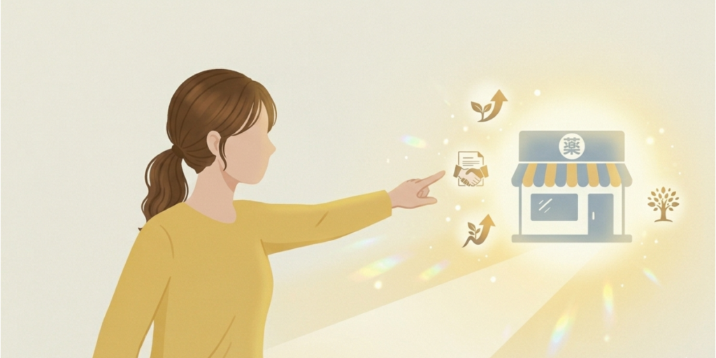 明るい光に包まれた薬局の建物を指差し、軽やかに歩き出す女性薬剤師のイラスト。納得感を持って新しい職場(転職先)へ向かう前向きな決意を表現。