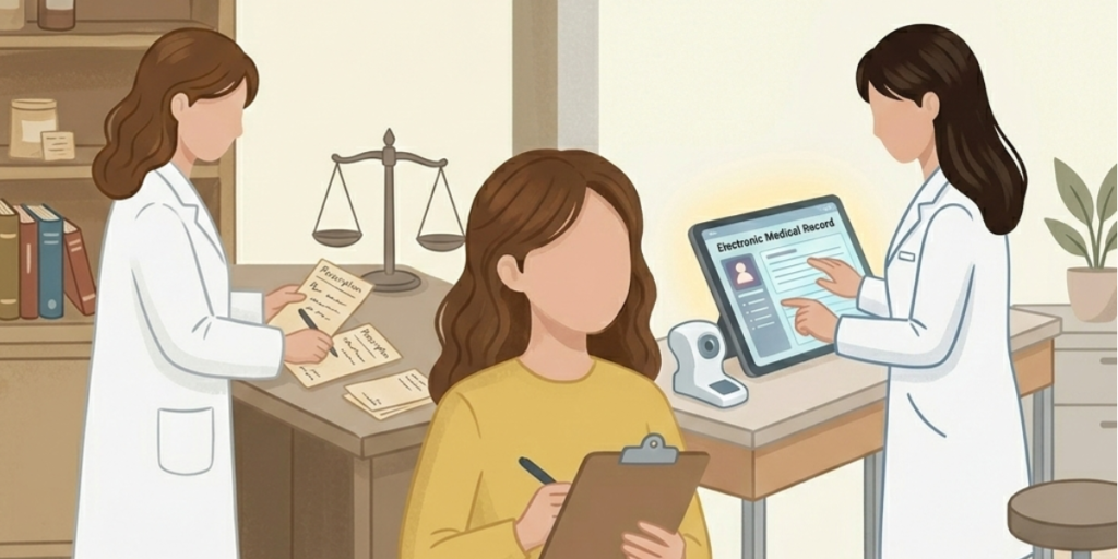 2つの異なる職場環境を比較する女性薬剤師。左側にはアナログな調剤器具と白い白衣、右側にはデジタル機器とモダンな白衣の薬剤師が描かれているイラスト