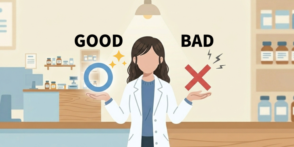 「GOOD」と「BAD」の印を天秤のように両手に持つ女性薬剤師のイラスト。今の職場の条件を比較検討している様子。