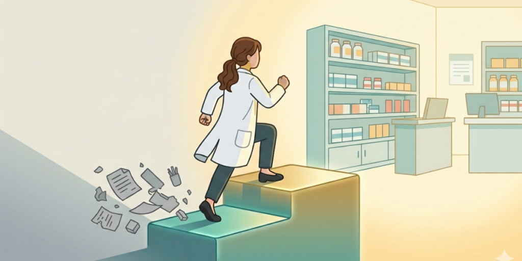散らかった書類を背にして、光の差す明るい薬局へと続く階段を力強く登っていく白衣姿の女性薬剤師のイラスト。