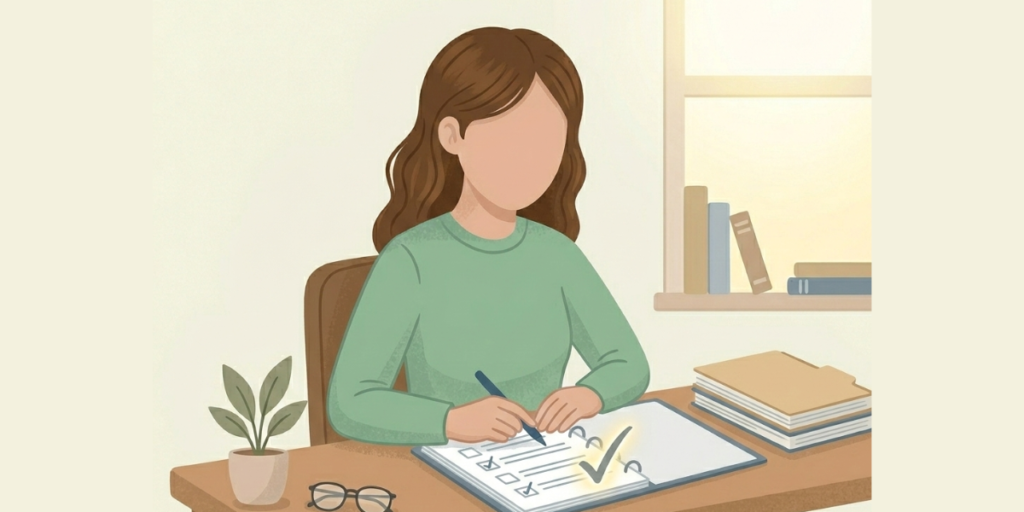 デスクでチェックリストに最後の印を入れ、晴れやかな表情で転職の準備を整えた女性薬剤師のイラスト