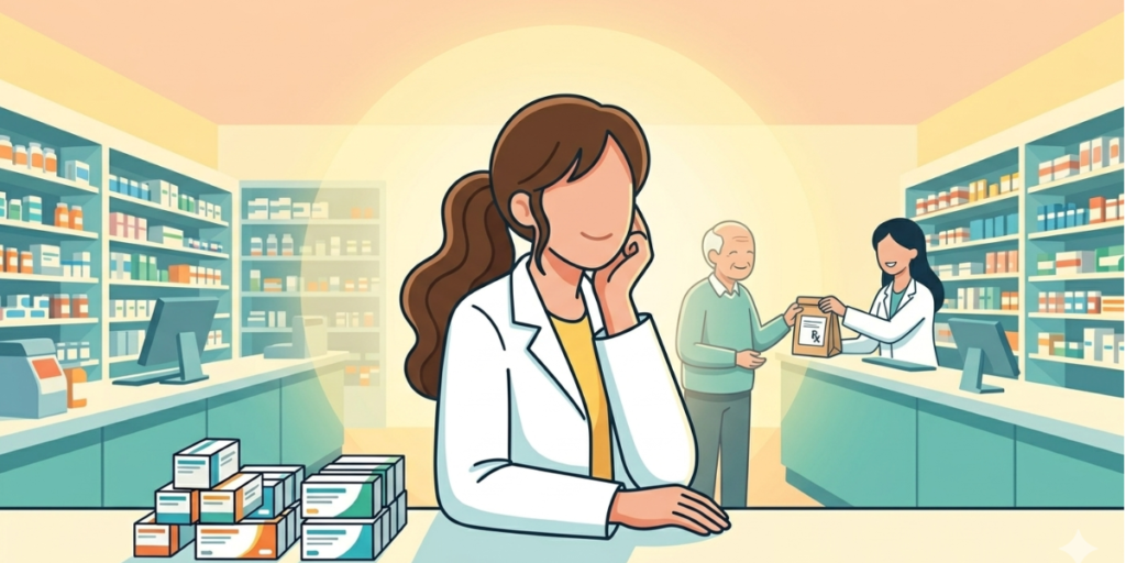 明るく整理された薬局で、穏やかな表情で患者さんを見守る白衣姿の女性薬剤師。自分らしく働ける環境を見つけた安心感を表現したイラスト。