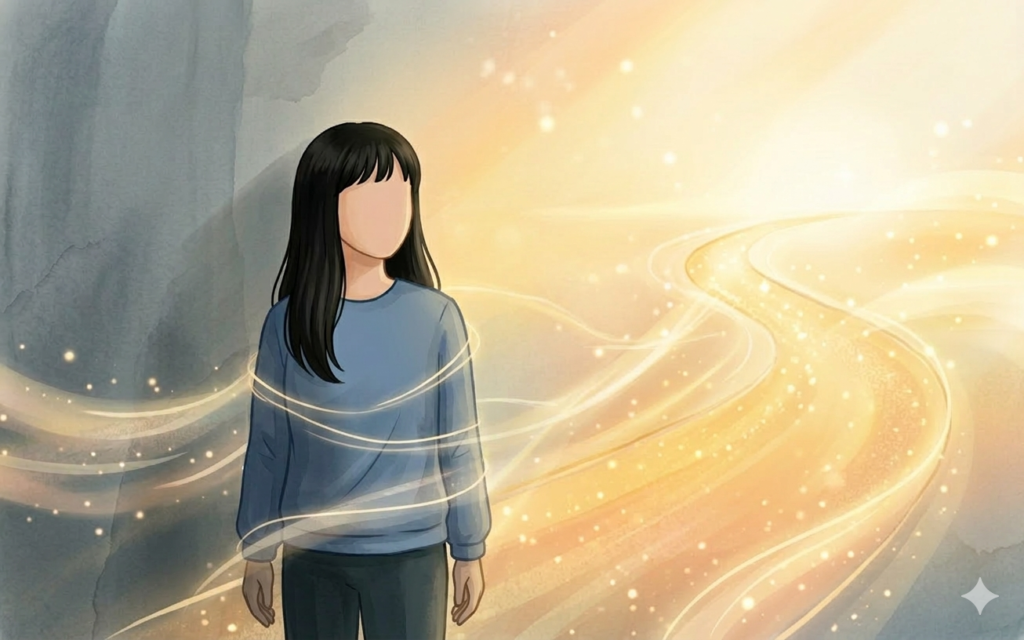 青色の服を着た女性が、黄金色に輝く光の道を見つめているイラスト。新しいキャリアへの導きと希望を表現。