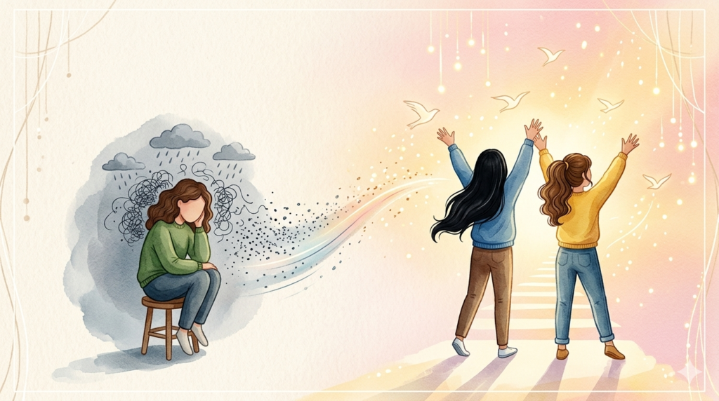 職場の評価に悩む姿から、外の世界を知り、自分自身の価値を見出して明るい未来へ羽ばたく女性のビフォーアフターイラスト。