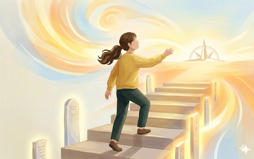 黄色のセーターを着た女性が、光り輝く羅針盤へと続く階段を力強く上るイラスト。新しい可能性へ踏み出す姿。