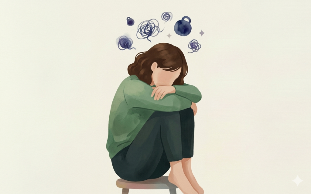 職場の理不尽な評価に悩み、頭を抱えて座り込む女性薬剤師のイラスト。周囲にはモヤモヤとした悩みの象徴。