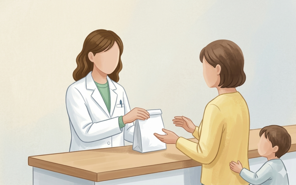 白衣を着て、カウンター越しに親子へ投薬を行う女性薬剤師。日常業務の中にある専門性と価値を表現したイラスト