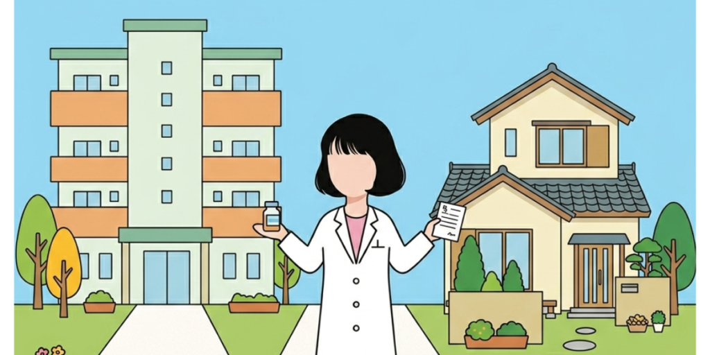 薬瓶と処方箋を持つ女性薬剤師のイラスト（背景に集合住宅と戸建て住宅）
