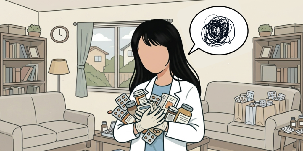 大量の残薬を抱えて困惑する薬剤師のイラスト