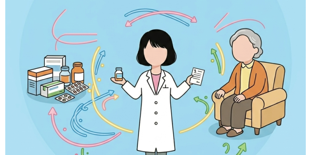 高齢の患者さんに薬を説明する女性薬剤師のイラスト（薬の循環とサポートのイメージ）