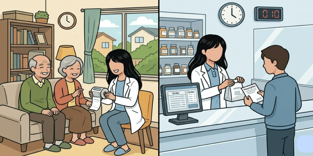 在宅訪問で高齢夫婦に薬を説明する薬剤師と、薬局のカウンターで調剤を行う薬剤師の比較イラスト