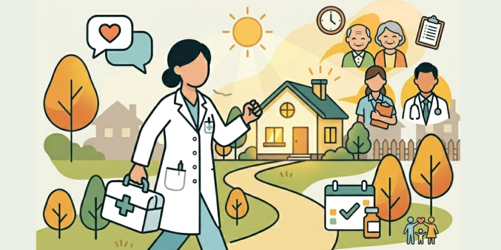 在宅訪問を通じて多職種と連携し、患者さんとその家族に寄り添う薬剤師のイメージイラスト