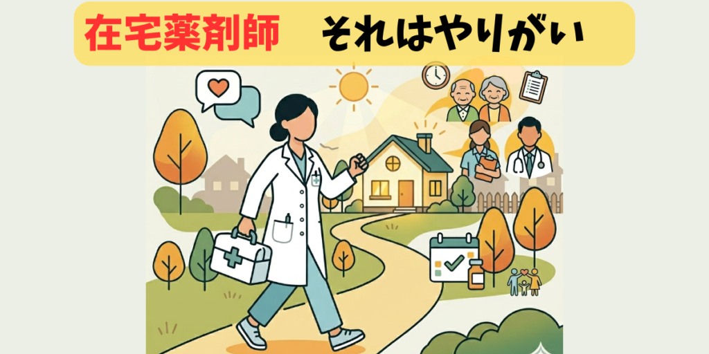 「在宅薬剤師 それはやりががい」というタイトルと、訪問バッグを持って晴れやかに歩く薬剤師のアイキャッチイラスト