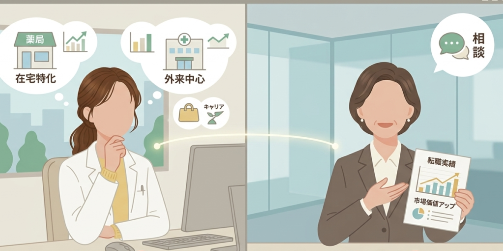 薬剤師が転職エージェントとオンラインで面談し、在宅業務の経験が積める職場について相談しているイラスト