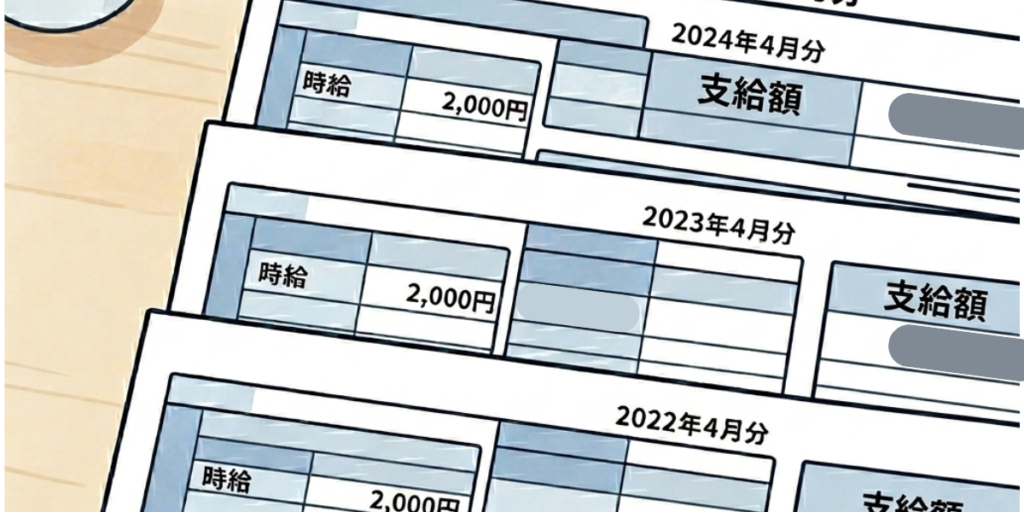 3年間の時給が変わらない薬剤師の給与明細(2022年、2023年、2024年)の比較イラスト