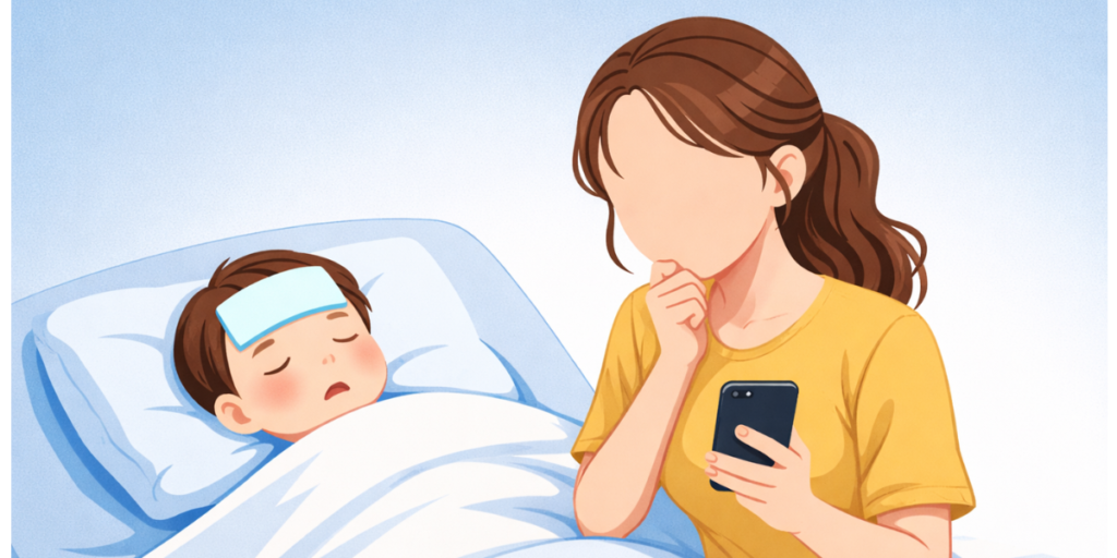 子どもの発熱で看病しながら、スマホで職場への連絡に悩む母親薬剤師のイラスト