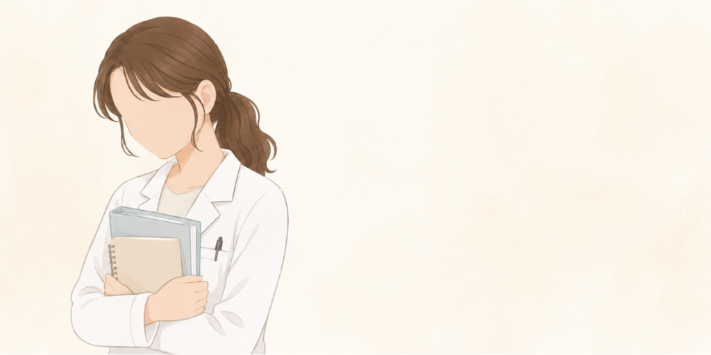 子育てとパート勤務の両立に追われ、認定薬剤師の資格を諦めて悩む女性薬剤師のイラスト