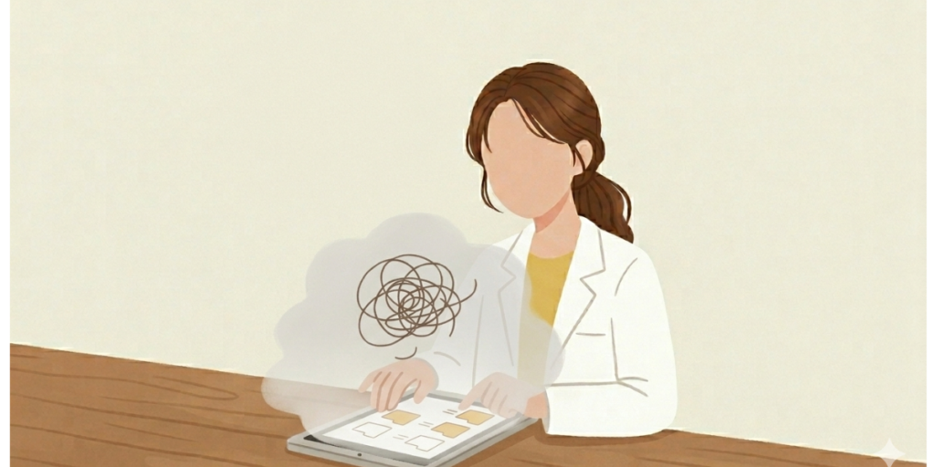 霧が立ち込める中、空っぽのフォルダが表示されたタブレットを前に立ち尽くす女性薬剤師のイラスト