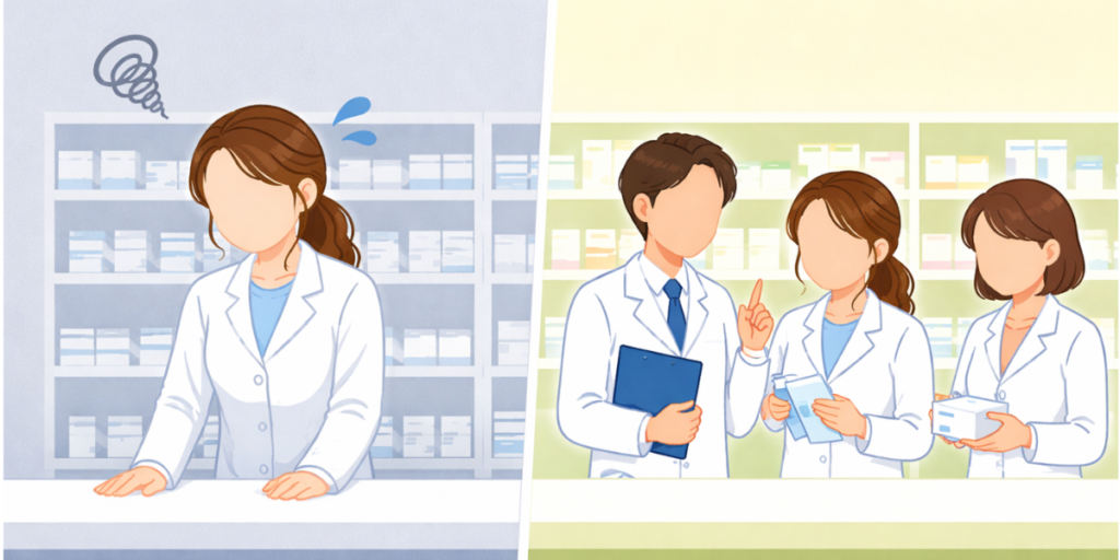 1人薬剤師で休みにくい薬局と、複数人体制で協力しながら働ける薬局の違いを比較したイラスト