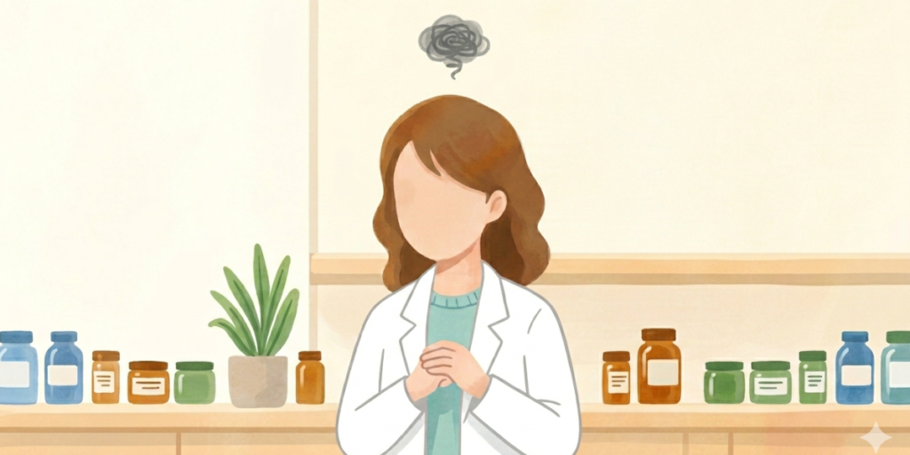 職場での違和感や将来への不安にモヤモヤと悩む薬剤師のイラスト