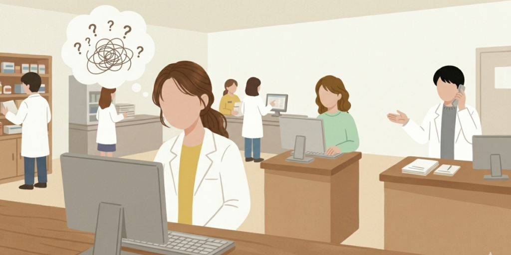 忙しく働く複数の薬剤師たちの中で、一人パソコンの前で困惑する女性薬剤師のイラスト