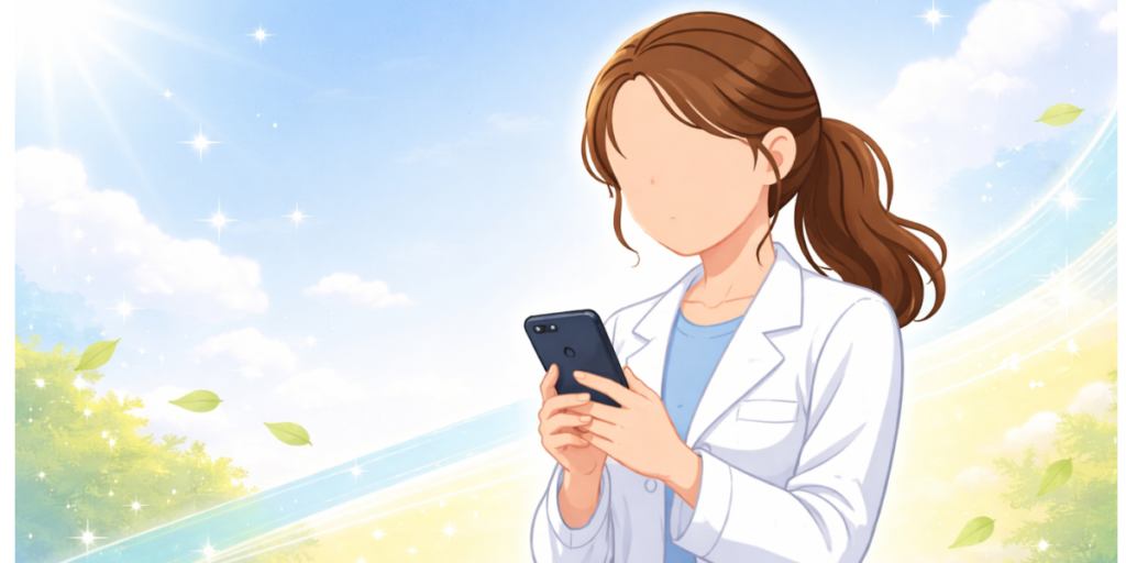 スマホを見ながら、新しい働き方への希望を感じている女性薬剤師のイラスト