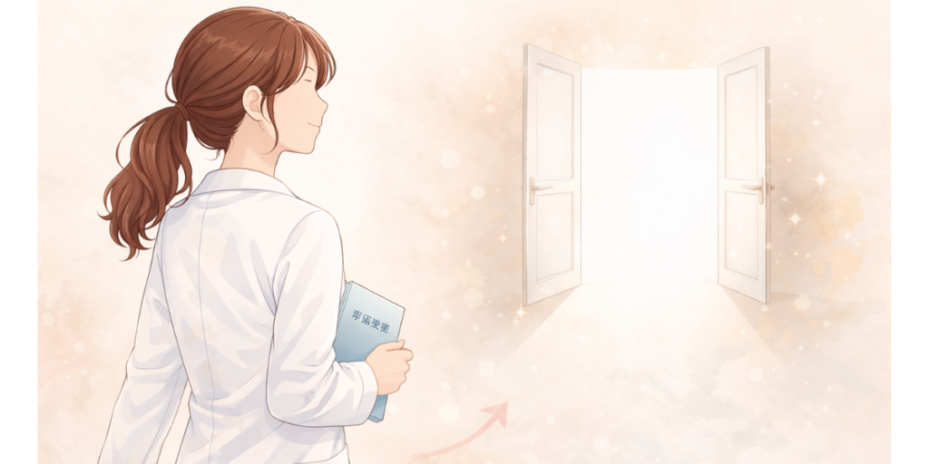パート勤務でもキャリアを諦めずに前を向き、新しい一歩を踏み出そうと決意する女性薬剤師のイラスト