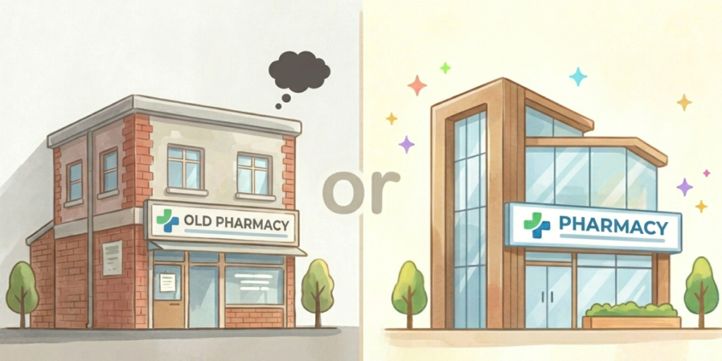 伝統的な体制の薬局と現代的な評価体制の薬局を比較するイラスト