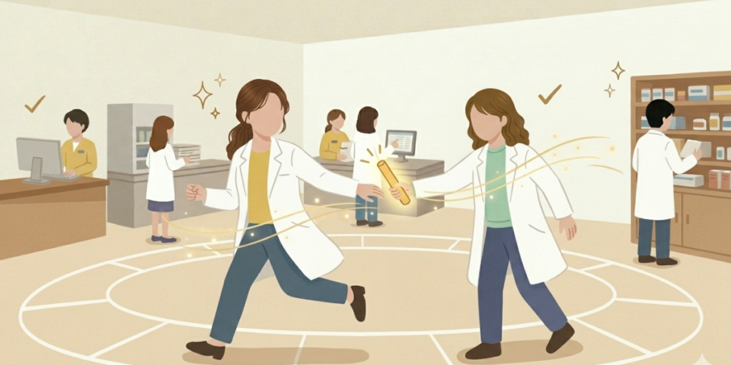 明るい薬局内で、二人の女性薬剤師が「情報のバトン」をスムーズに手渡しているリレーのようなイラスト