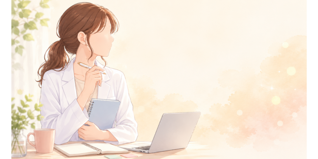 自宅のパソコン前でノートとペンを持ち、eラーニングなどで認定薬剤師の勉強や準備を進める女性薬剤師のイラスト