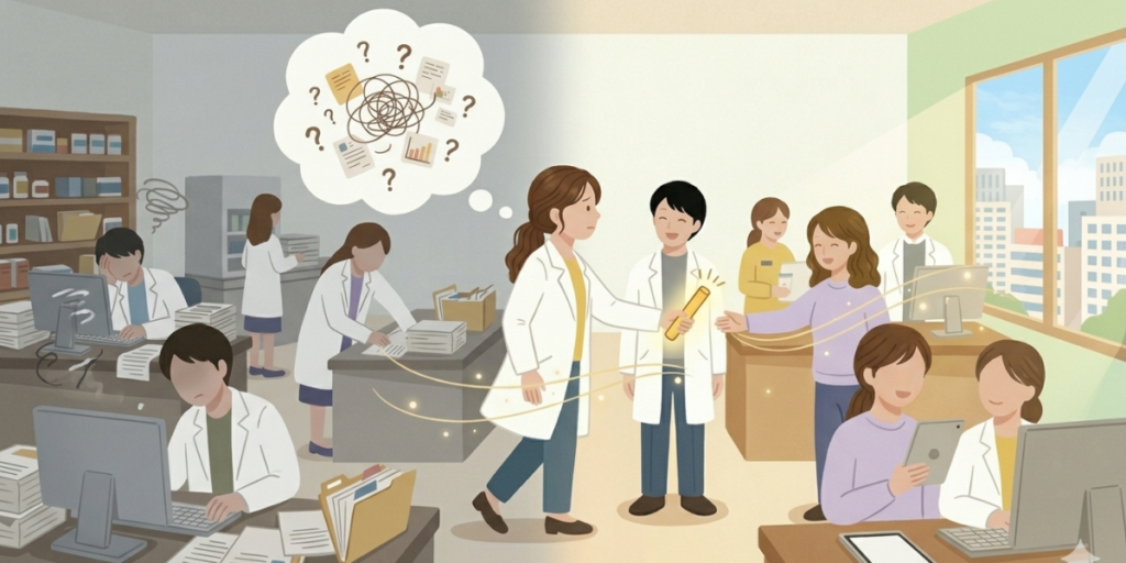 左側の暗く混乱した薬局から、右側の明るく連携の取れた薬局へと、女性薬剤師が未来に向けて歩みを進める対比イラスト